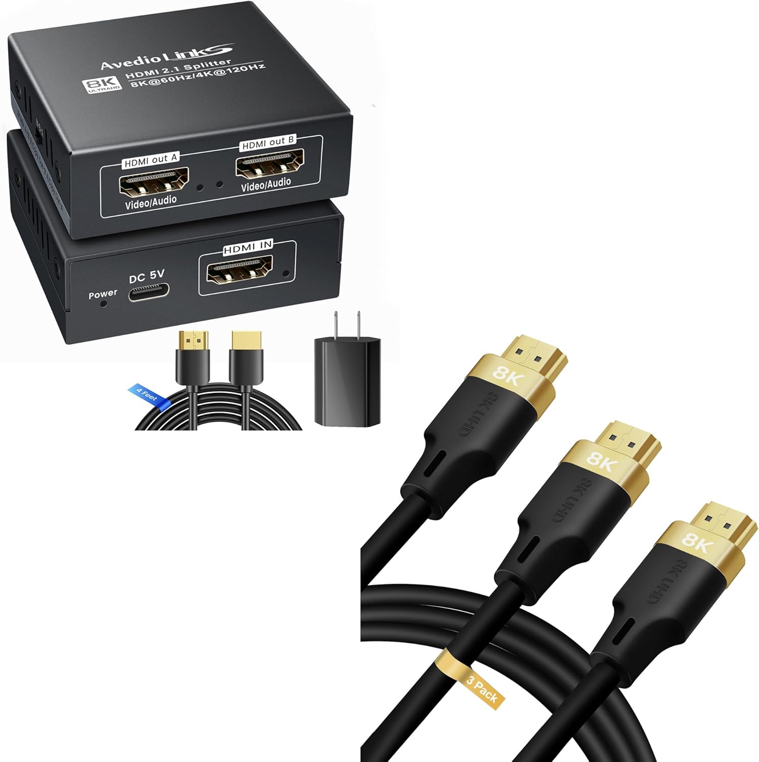 8K HDMI Audio Splitter + 8K HDMI Cable 3 Pack
