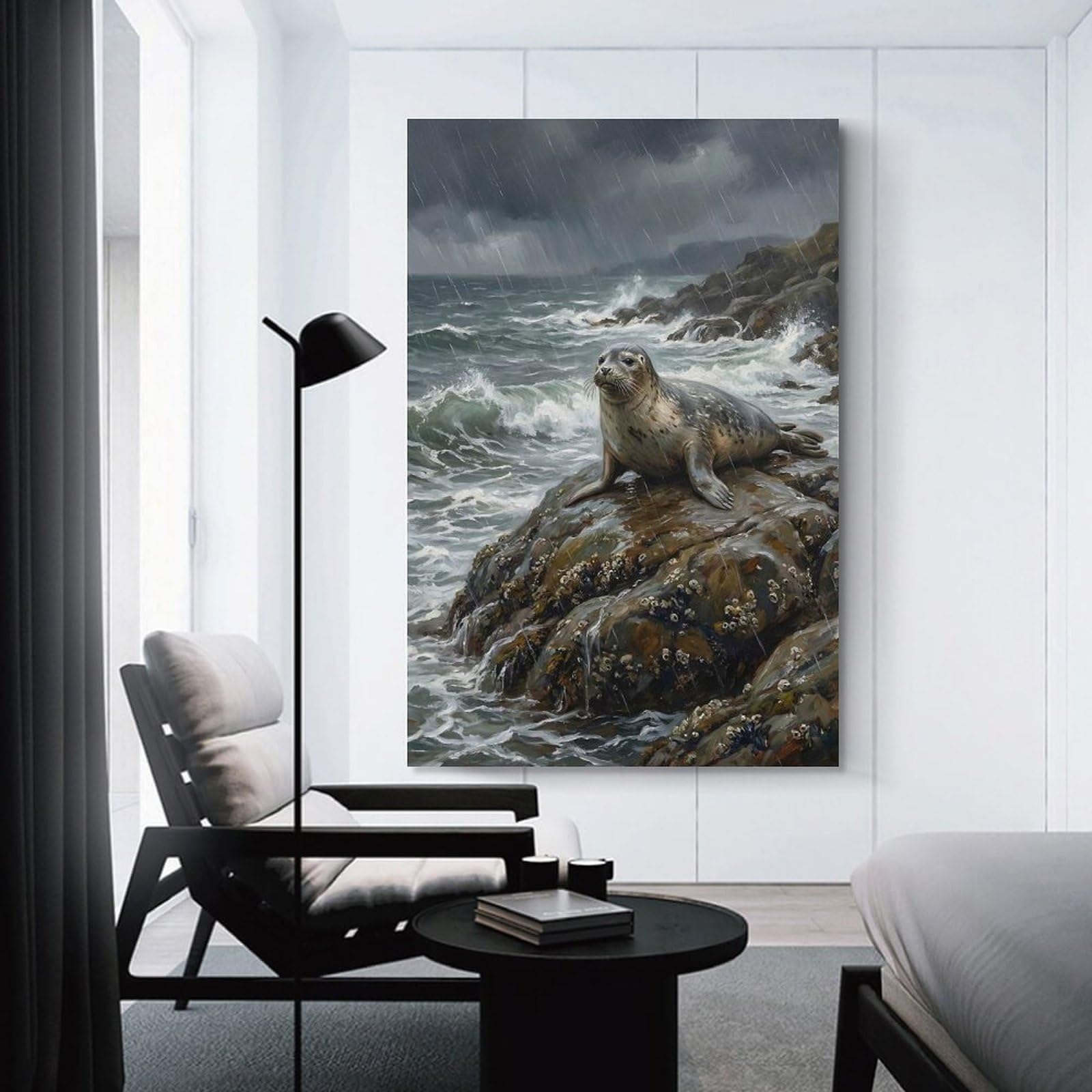 Junmoney Seal on Rocky Coast in Rain Canvas Wall Decor, 12x18inch(30x45cm), for Office, Study Or Home Workspace, Wall Art That Adds Style to Work Areas