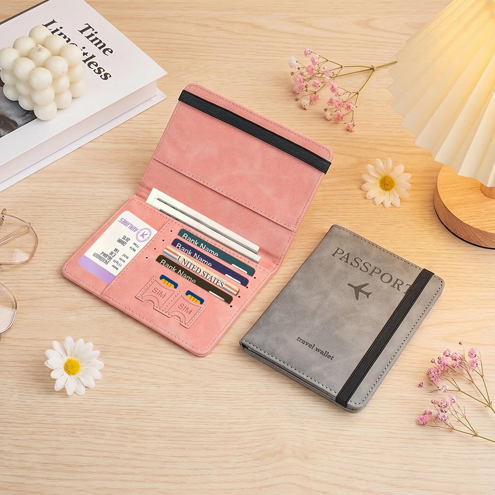 Lot de 2 Protege Passeport Pochette Passeport avec Blocage RFID Porte Passeport Etui Pochette Voyage PU Cuir Protection Cover pour Carte de CréDit, Carte Bancaire Argent (Rose, Gris)