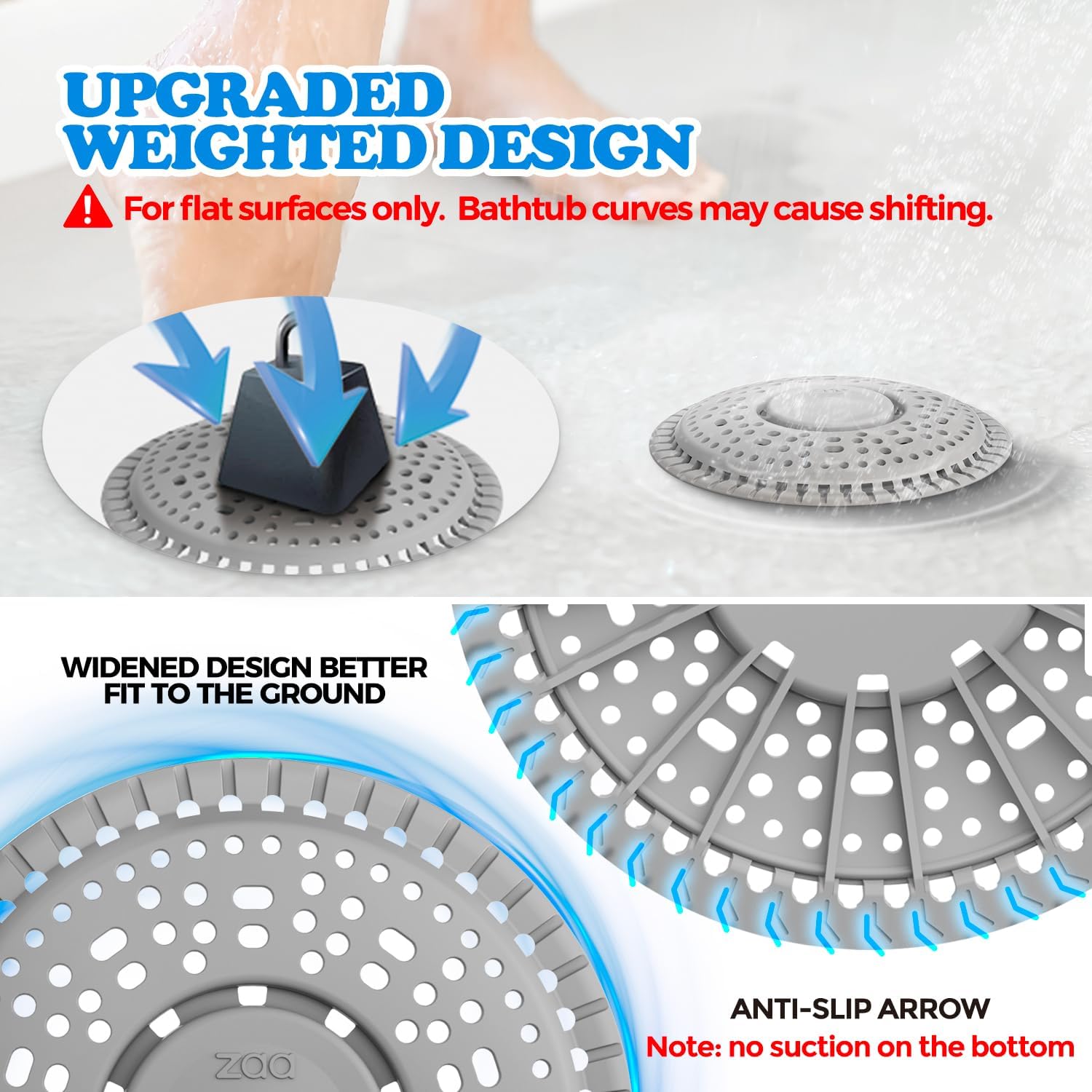 zaa Shower Drain Hair Catcher, 2 Pack Premium Silicone Drain Protector & Shower Drain Cover, Shower Installation Kits for Flat Drains of Shower Room, Bathroom, Gray