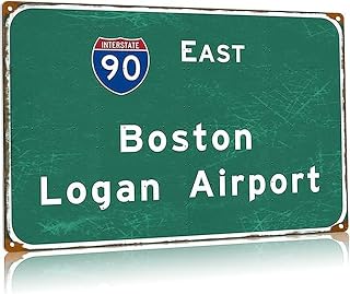 Vintage Boston Logan Airport Wall Sign Interstate 90 Metal Aluminum Plaque Distressed Green & White for Bars Garages Clubs Coffee Shops Restaurants Bedrooms Size: 12 x 8 inch