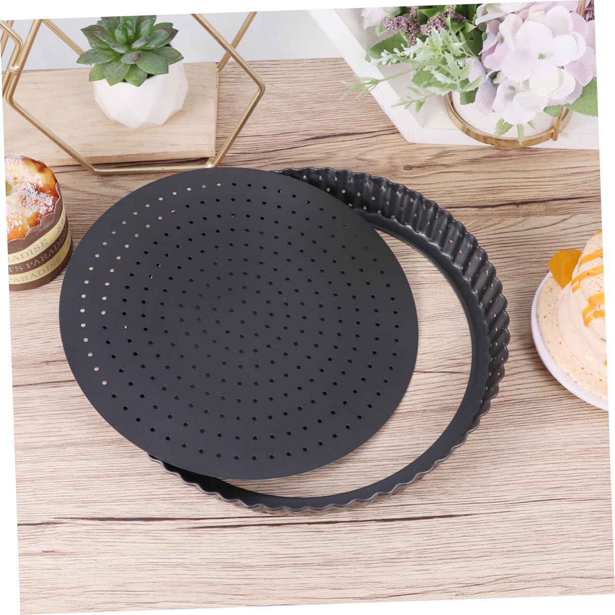 Teglia Pizza Antiaderente con Fori Stampo Rotondo per Crostate Vassoio Torta con Fondo Rimovibile in Acciaio Carbonio Resistente per Cheesecake Quiche Muffin