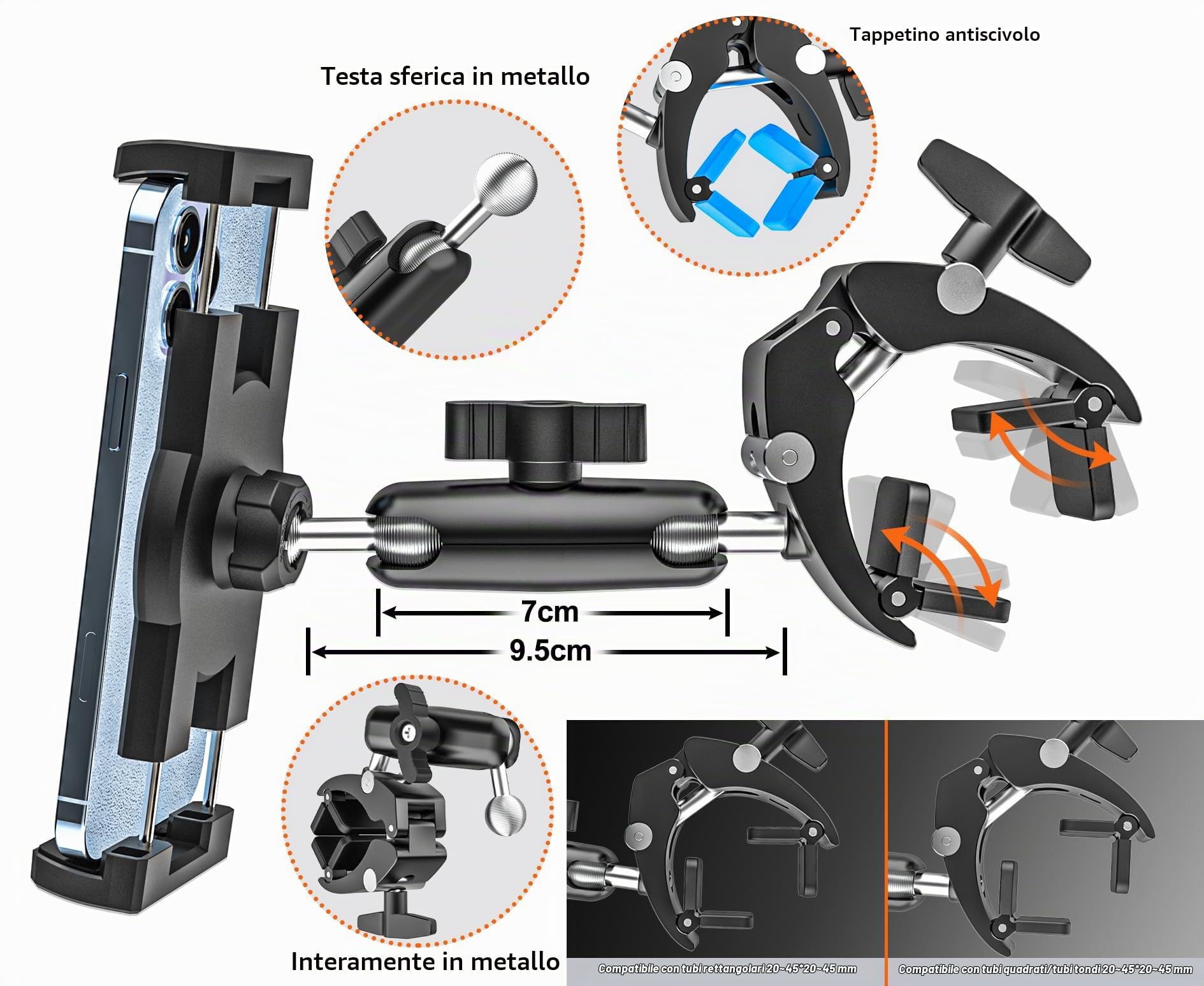 Supporto Tablet Telefono Manubrio Passeggino Scooter Golf Cart | Compatibile con Vari Tubo Palo Asta - Porta Tablet Moto Barca Bici con Morsetto Metallo per iPad, Galaxy, Kindle Fire, 4-13"