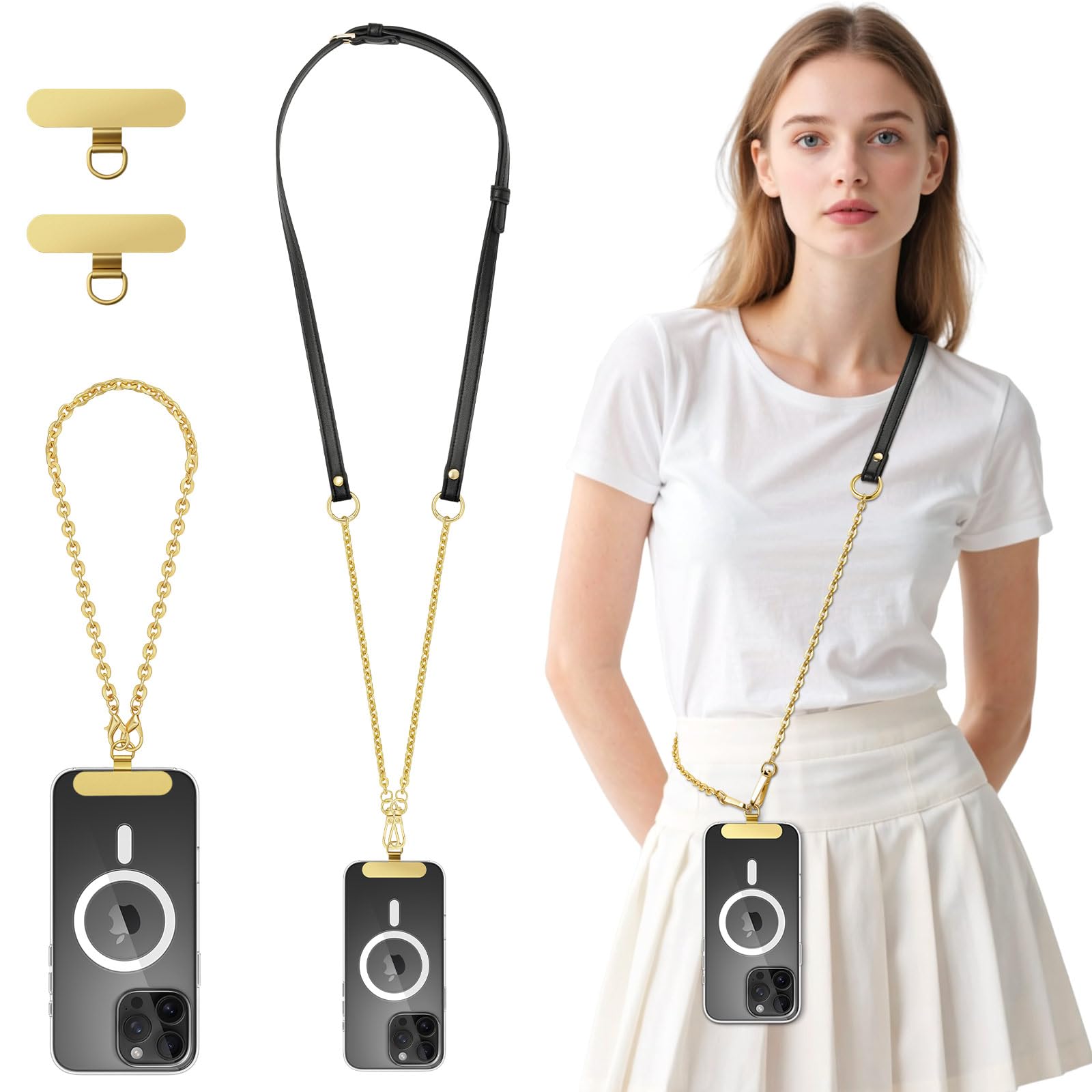Moko Unisex Black & Gold Universal Phone Crossbody Lanyard Phone Chain, Anti-Theft Adjustable Cellphone Cross Body Neck Strap & Iphone Wrist Strap With 2×Metal Tether Tabs For Iphone 17, Most Smartphones,
