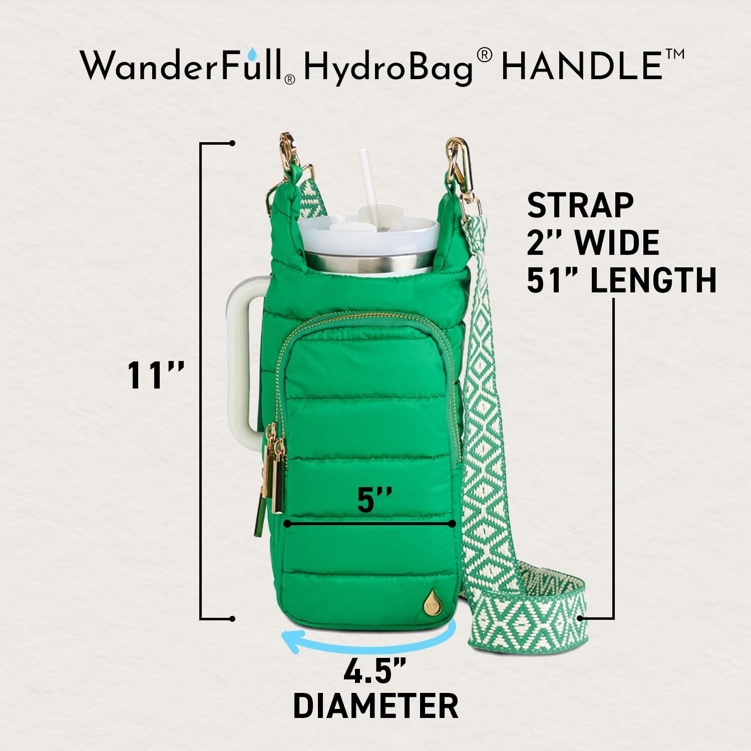 WanderFull Original HydroBag HANDLE® Zipper Slot for Handle, Hands-Free Crossbody Water Bottle Holder & Tumbler Accessories