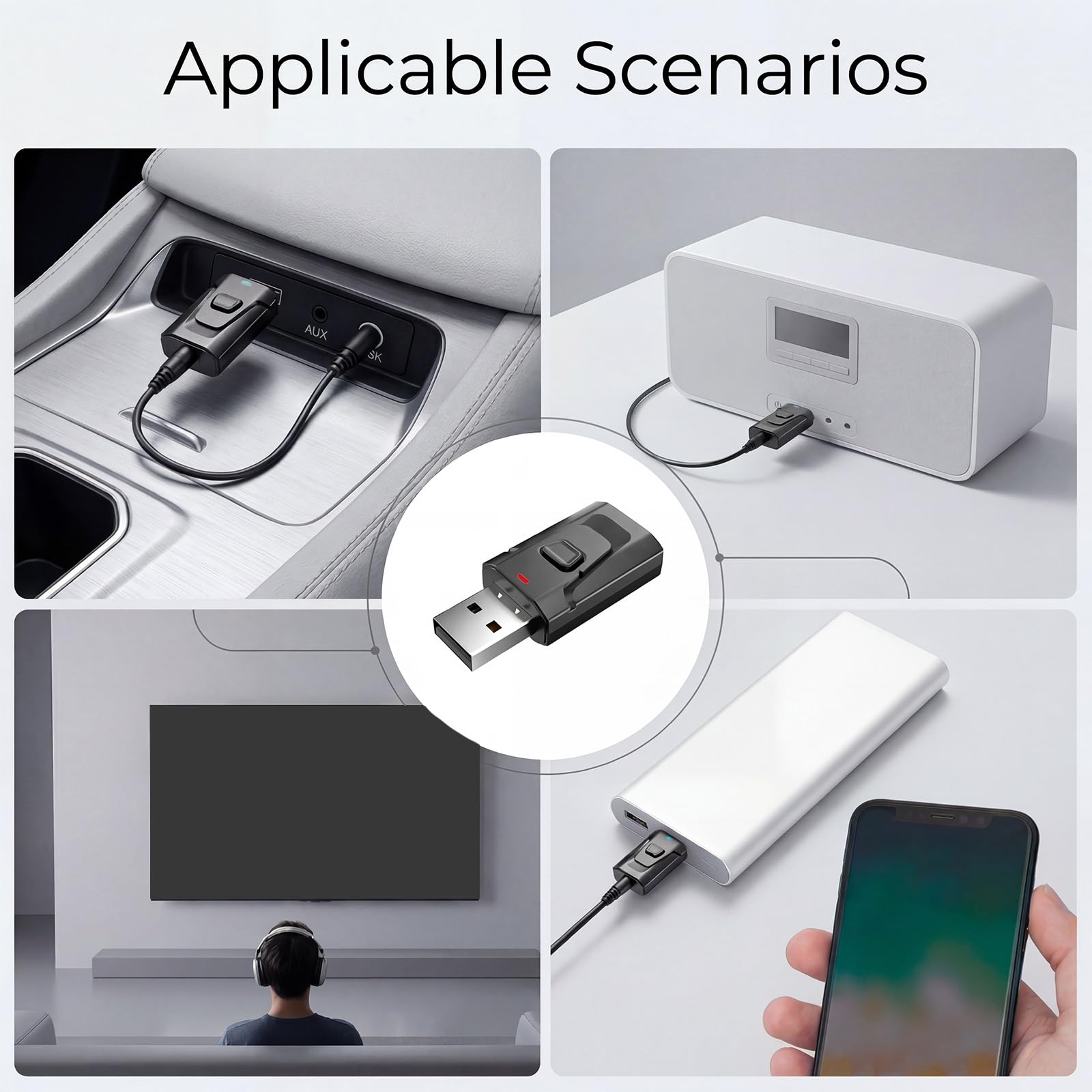 Adaptador Bluetooth USB 5.0 Transmisor y Receptor 2 en 1 con Jack 3,5 mm, Audio Estéreo Inalámbrico para TV, PC, Coche, Altavoces y Auriculares, Manos Libres, Plug & Play Sin Retraso
