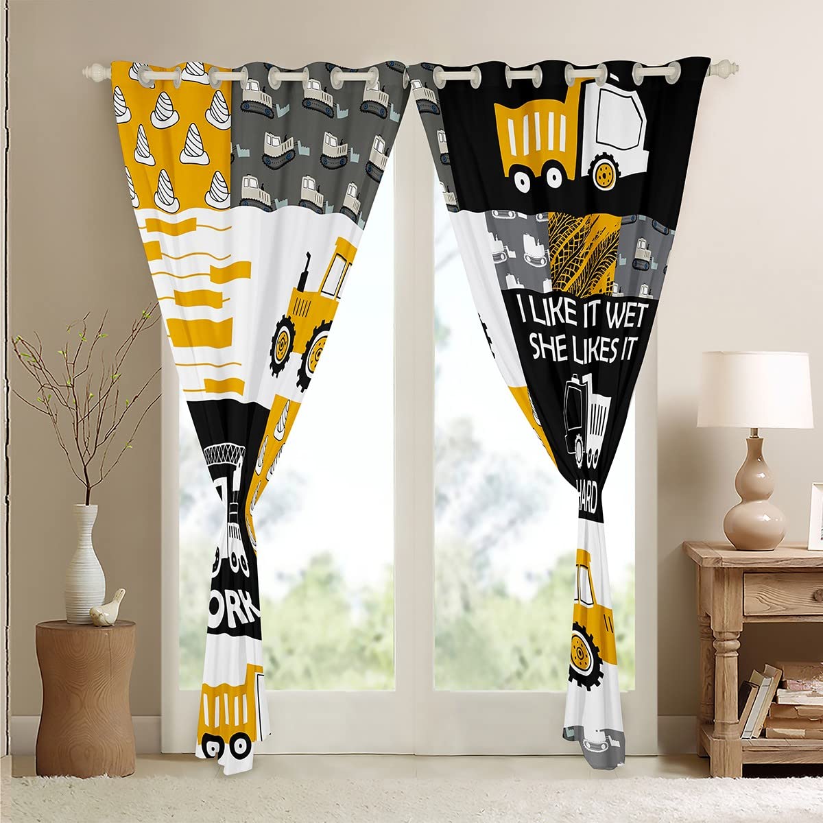Cortinas amarillas para ventana de excavadora, diseño de caricaturas, para niños, construcción, cortinas opacas (30%-50%) maquinaria, camión, tratamiento de ventanas, cortinas de equipo agrícola, 46