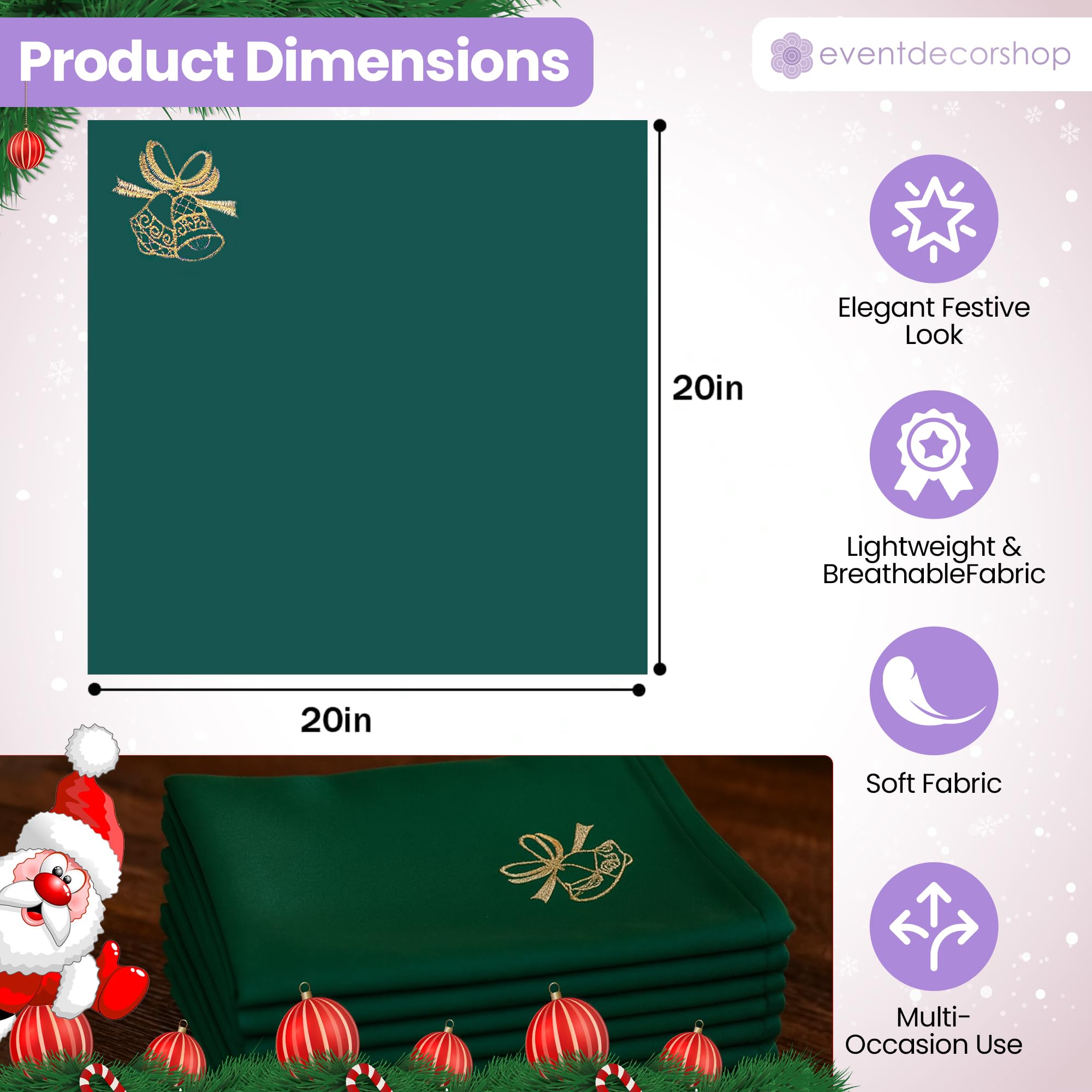 Lot de 20 serviettes de table de Noël réutilisables 100 % polyester filé avec broderie Jingle Clochette, résistante aux taches, lavable en machine (50,8 x 50,8 cm)