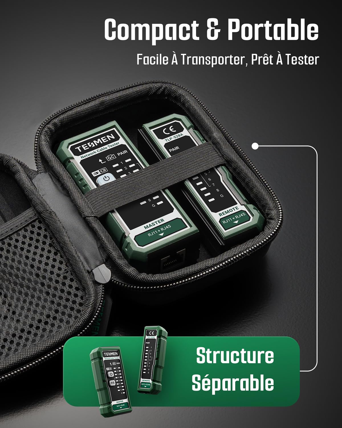TESMEN TLP-528A Testeur de câbles réseau pour RJ11 et RJ45, Continuité & QC, testeur Ethernet LAN/TEL, pour CAT5/CAT6/CAT7, idéal pour maintenance des câbles – Vert