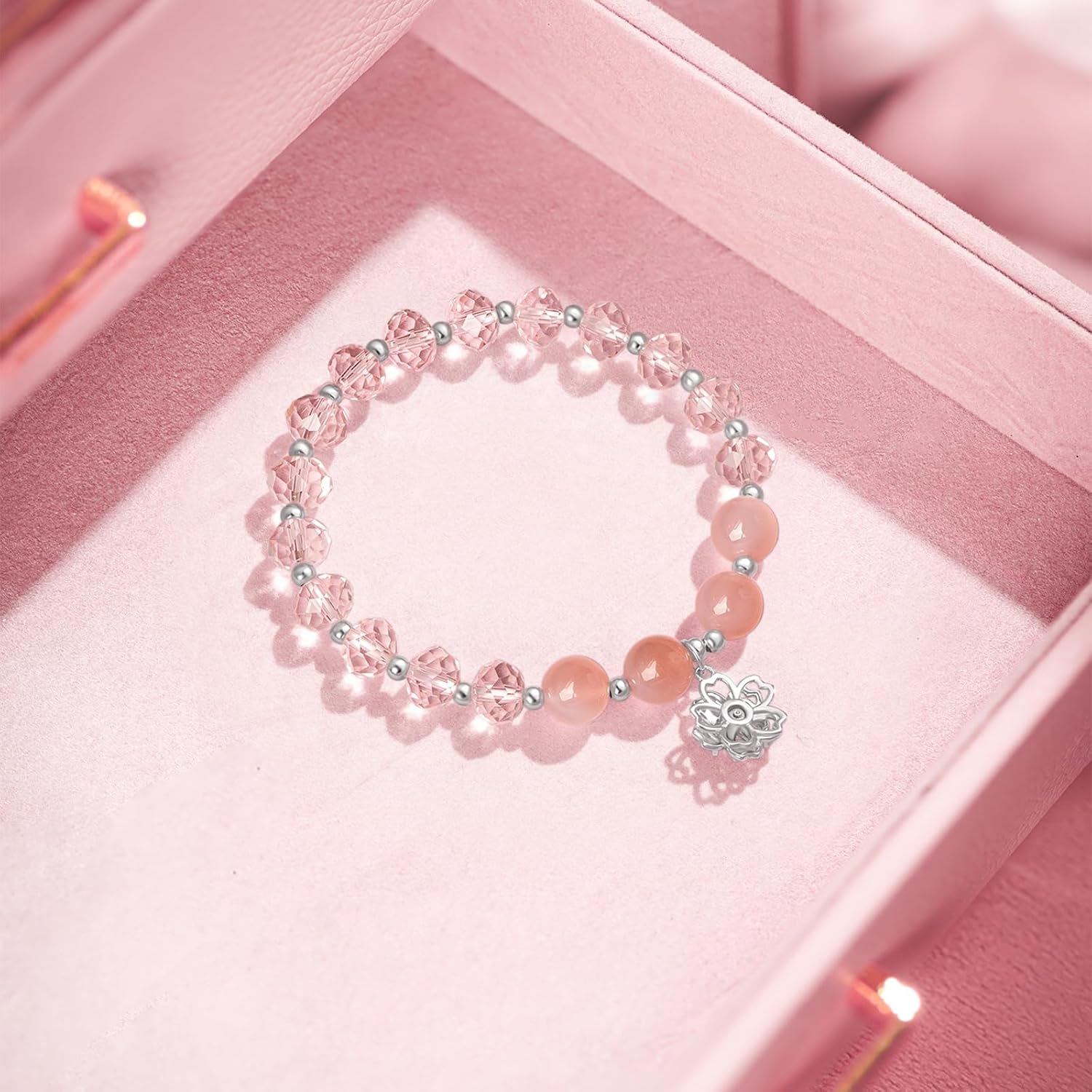 Sterling Silver Bracelets Silver Flower Charm Beaded Bracelet Pink Agate Glass Beads Stretch Bracelets Dainty Jewelry for Women Mom Daughter Birthday Anniversary 6.7"/17CM J1914473 - Image 5