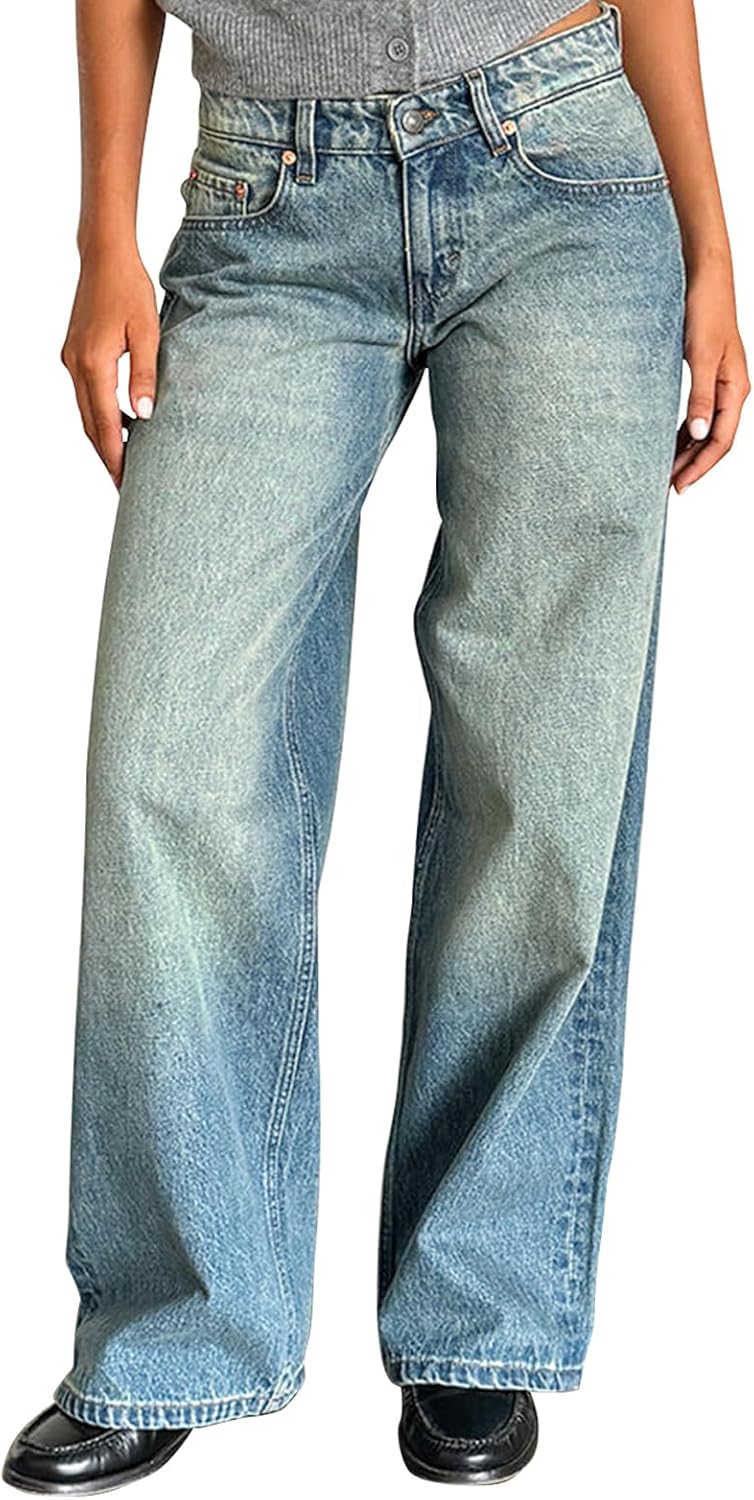 Y2K Straight Leg Jeans for Women,Low Waisted Wide Leg Baggy Jeans Loose Boyfriend Jeans Denim Pants