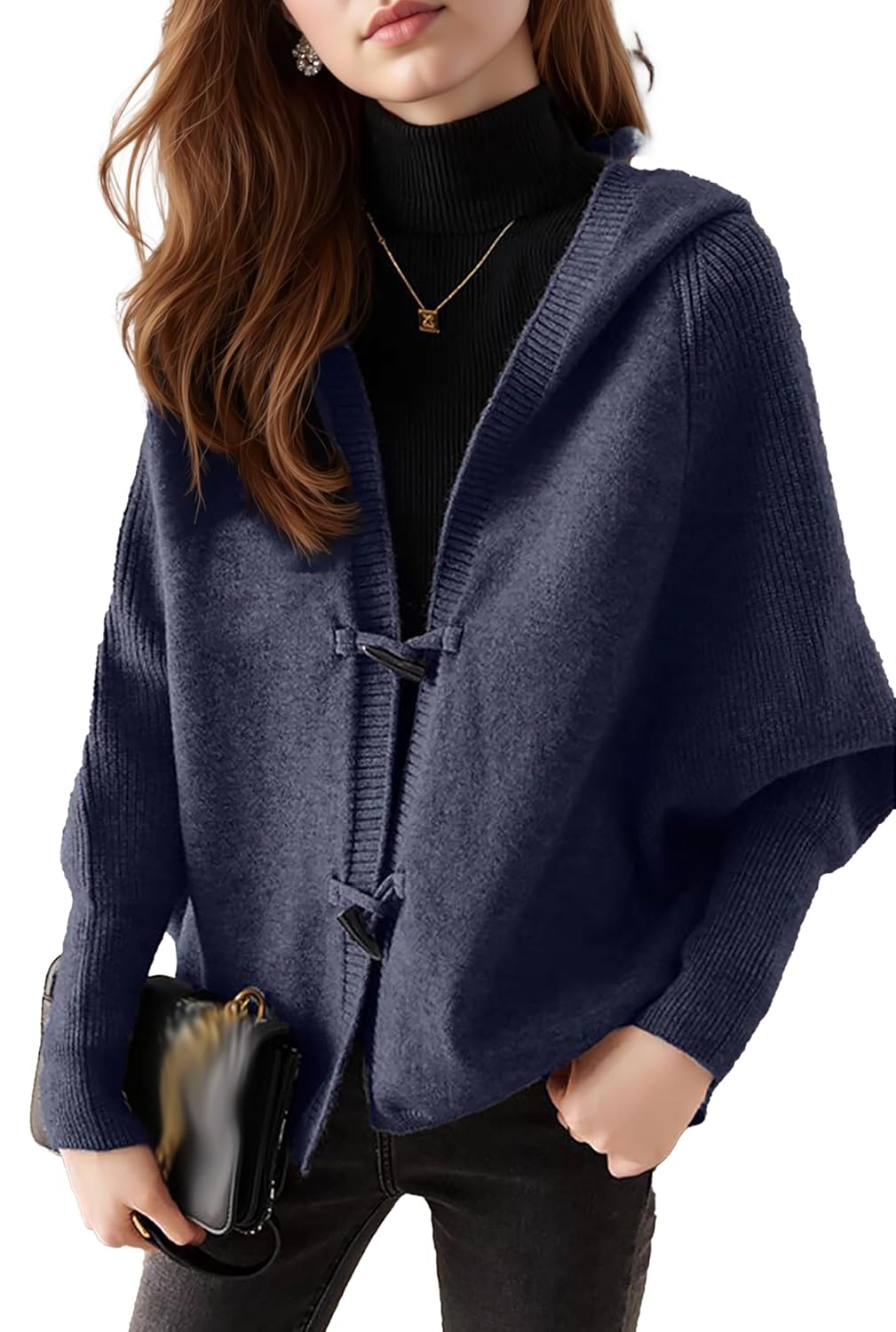 LAI MENG FIVE CATS Womens Hooded Sweater Cardigan Open Front Button Ribbed Knit Loose Short Outerwear Coats