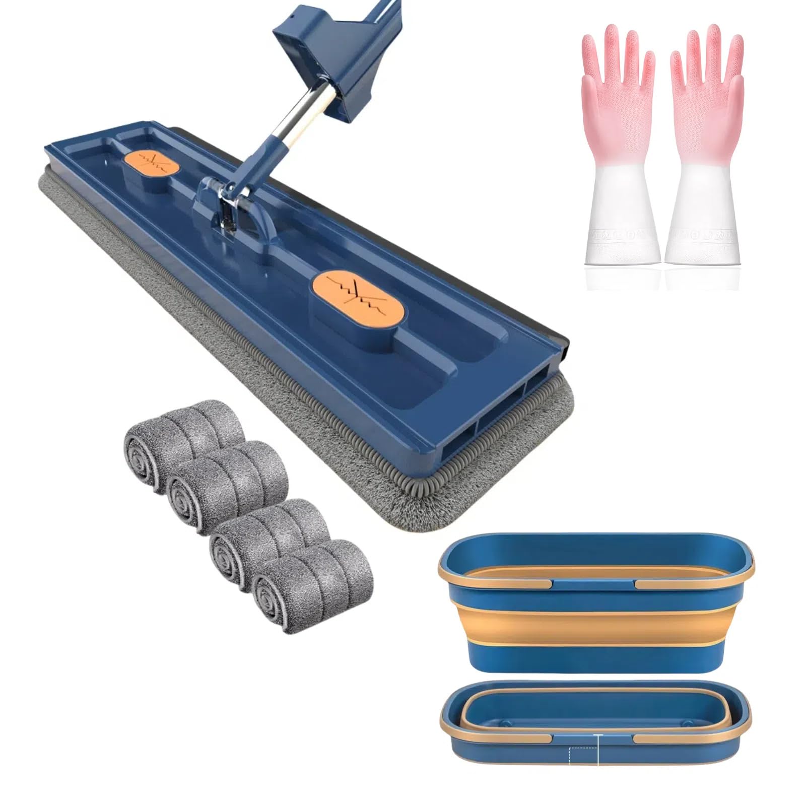 Trapeador plano grande, mopa de microfibra autoescurrible con almohadillas de microfibra, rotación de 360 grados en húmedo y seco para limpiar el suelo, incluye fregona y 4 paños con cubo