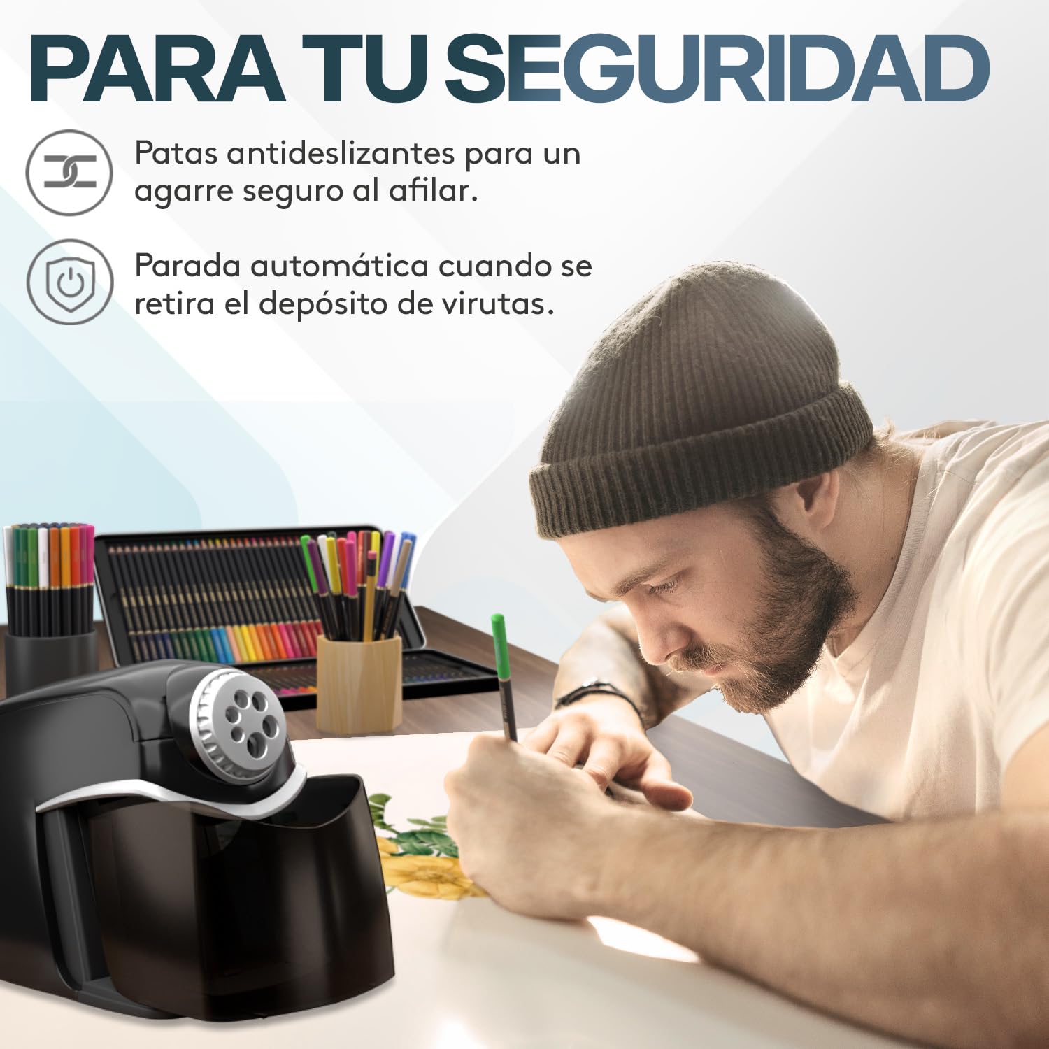 ACROPAQ Afilador eléctrico - Afilador profesional, con recipiente, 6 orificios para bolígrafos gruesos y finos - sacapuntas con lata - negro,41010