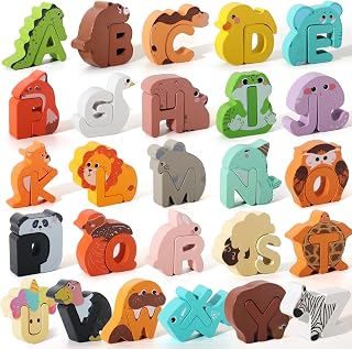BESTAMTOY 52-Piece Wooden Alphabet Animal Peg Puzzles - ABC Matching Game for Toddlers 3-5, Preschool Learning Toys