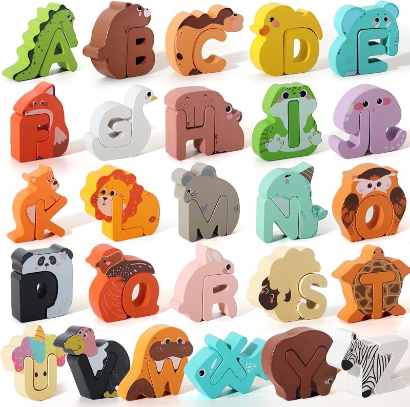 Juego de 52 piezas a juego, rompecabezas de animales con alfabeto de madera para niños pequeños, rompecabezas de clavijas ABC para niños de 3 a 5 años, juguetes de actividades de aprendizaje preescolar
