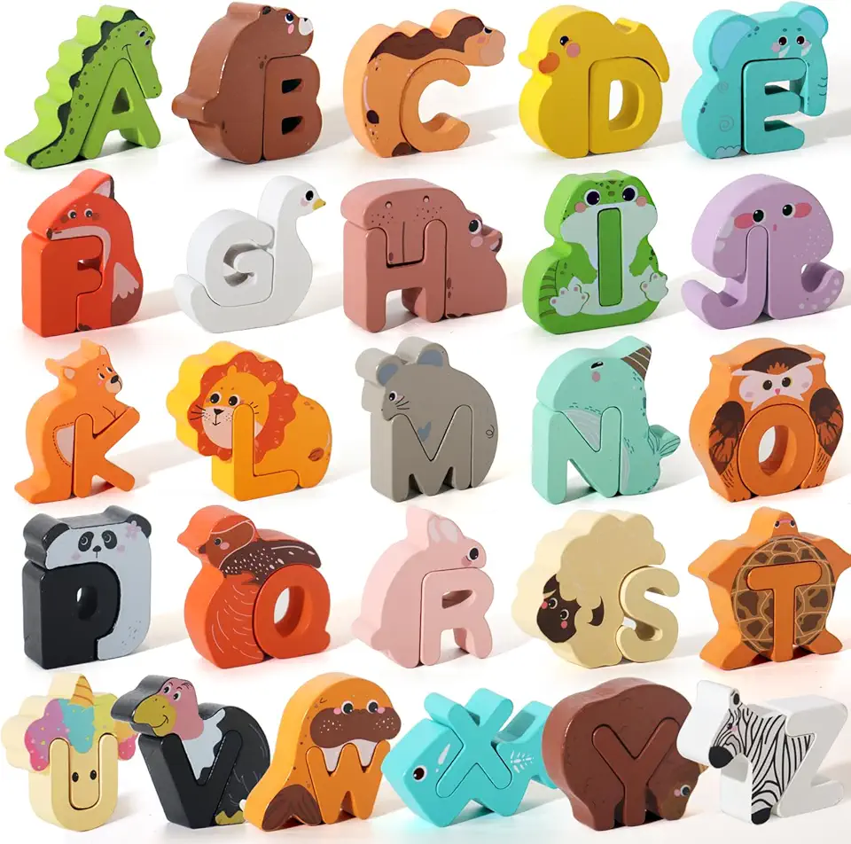 52 Pieces Matching Game, Wooden Alphabet Animal Puzzles for Toddlers, ABC Peg Puzzles for Kids Ages 3-5, Preschool Learning Activities Toys