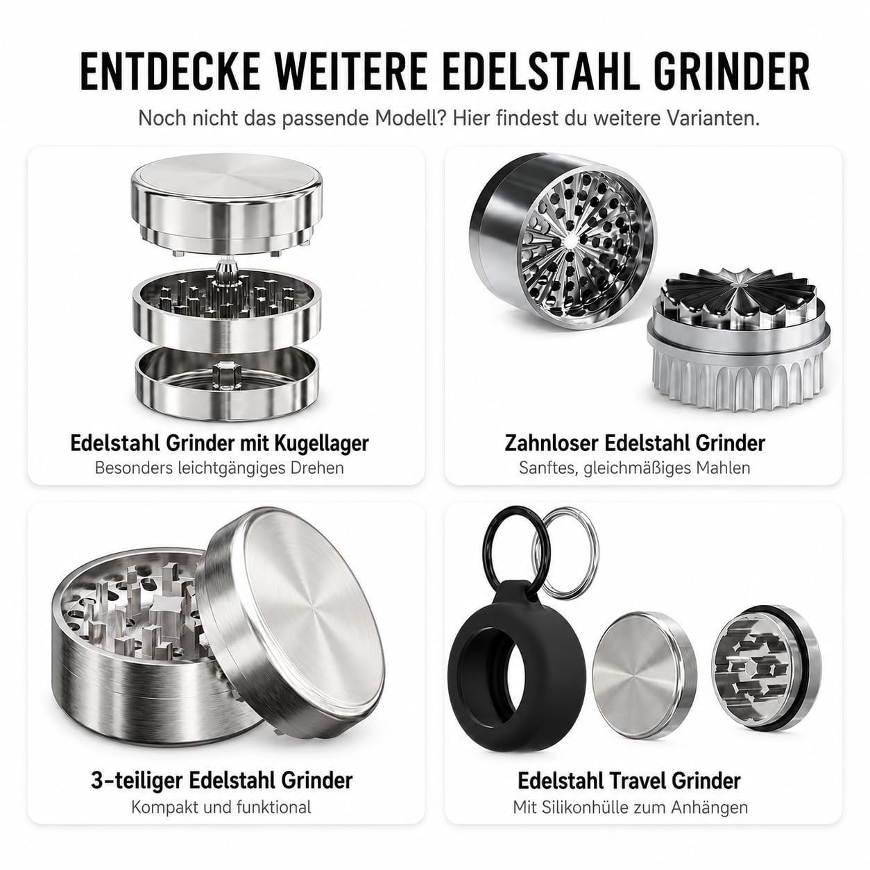 JCASE Edelstahl Grinder 63 mm, 4-teilig – massive Kräuter- & Gewürzmühle aus rostfreiem Stahl, 435 g, mit feinem Sieb, Magnetdeckel & Hardcase-Tasche