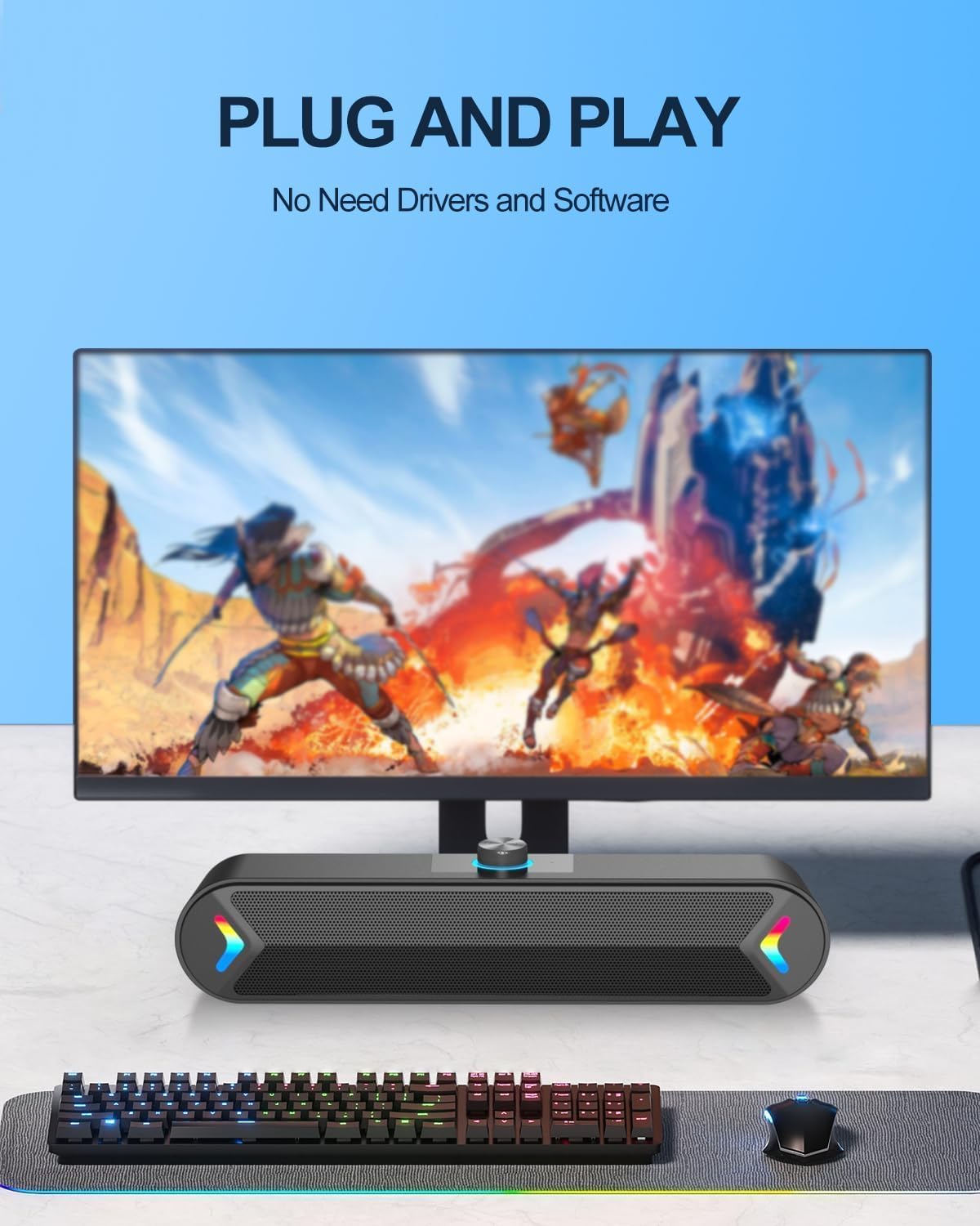 LENRUE Computer Speakers,PC Speakers for Desktop,Wired USB-Powered Sound-bar for Computer with 10W Stereo Sound and Colorful Light,Plug-n-Play (A39PRO /Black) - Image 3