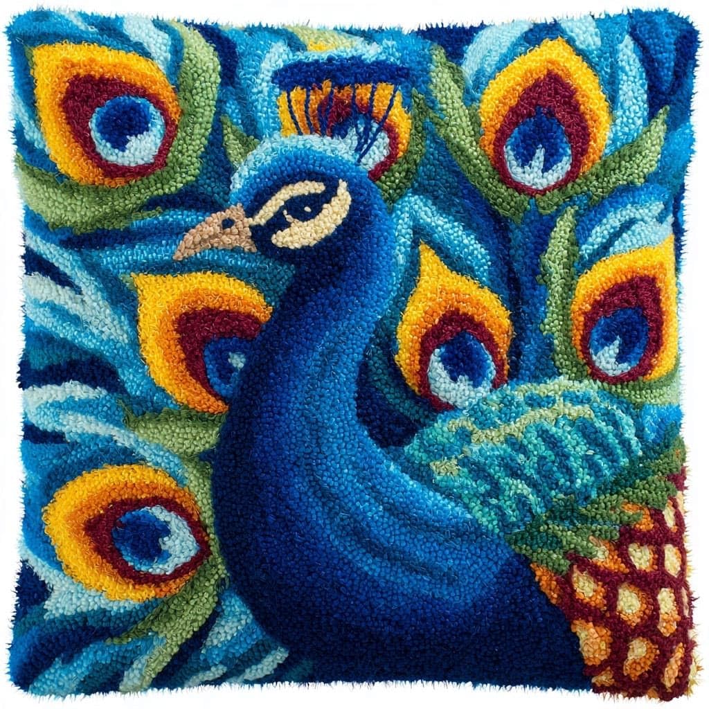 Henypt Latch Hook Cushion Kits 17X17inch, Peacock