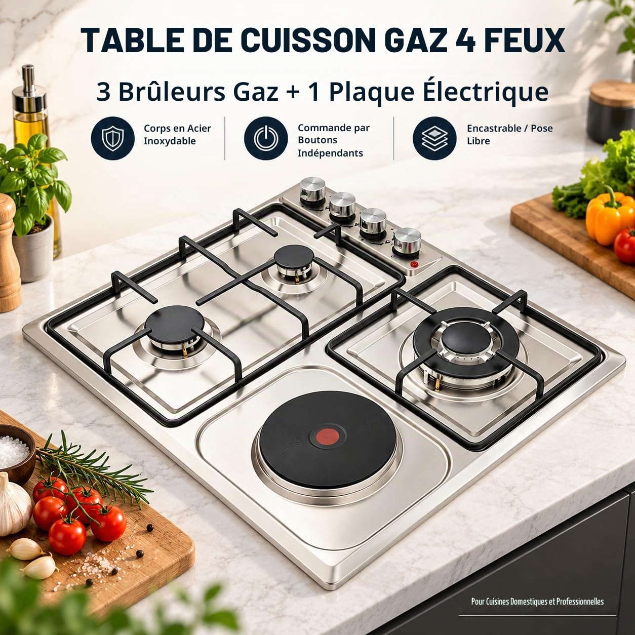 Plaque de cuisson à gaz 4 foyers, 3 gaz + 1 plaque électrique, plaque de cuisson à gaz avec protection anti-flamme, plaque de cuisson à gaz en acier inoxydable, plaque de cuisson à gaz