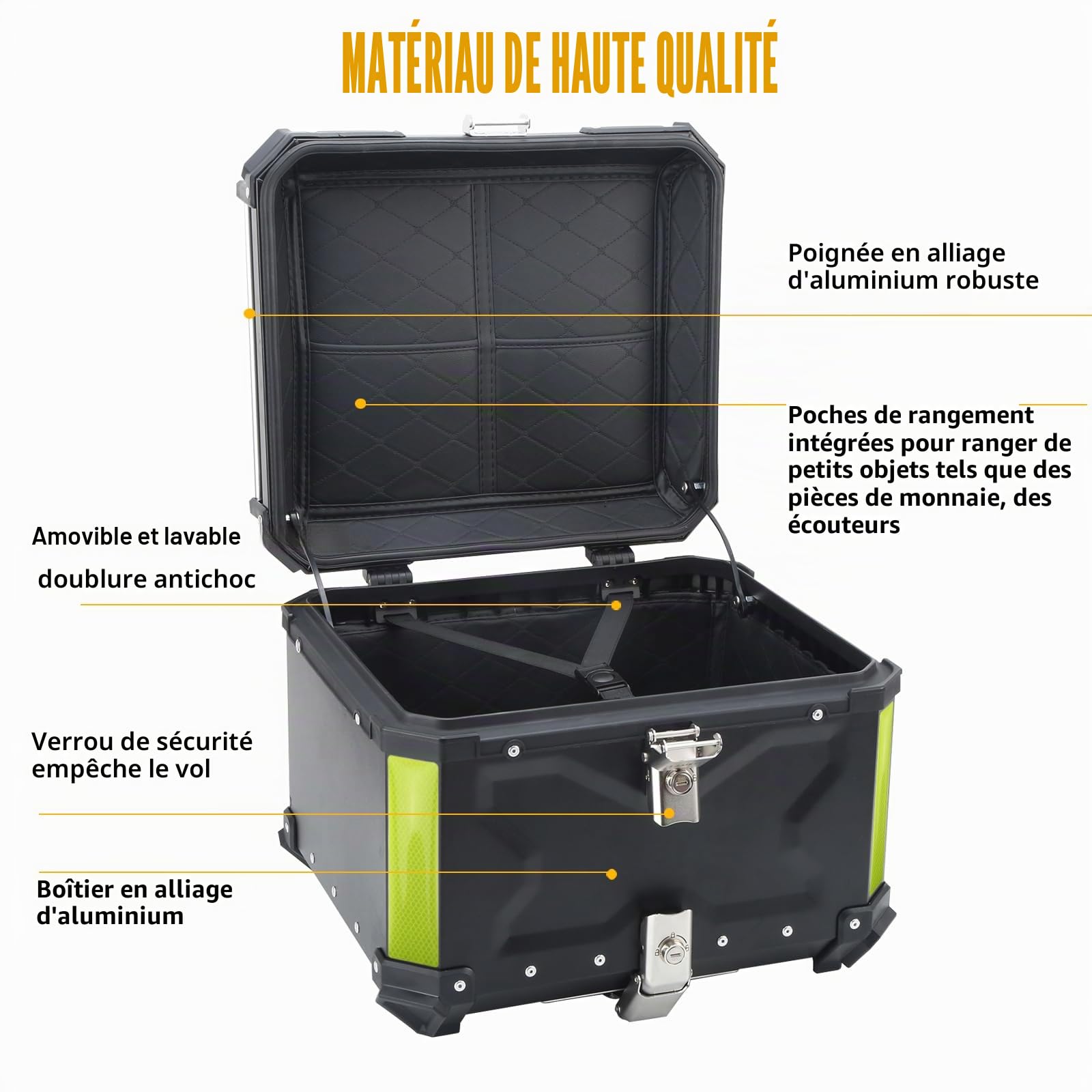 Topcase Mallette arrière universelle en alliage d'aluminium avec doublure en cuir, étui supérieur amovible imperméable pour moto avec dossier et kit de montage
