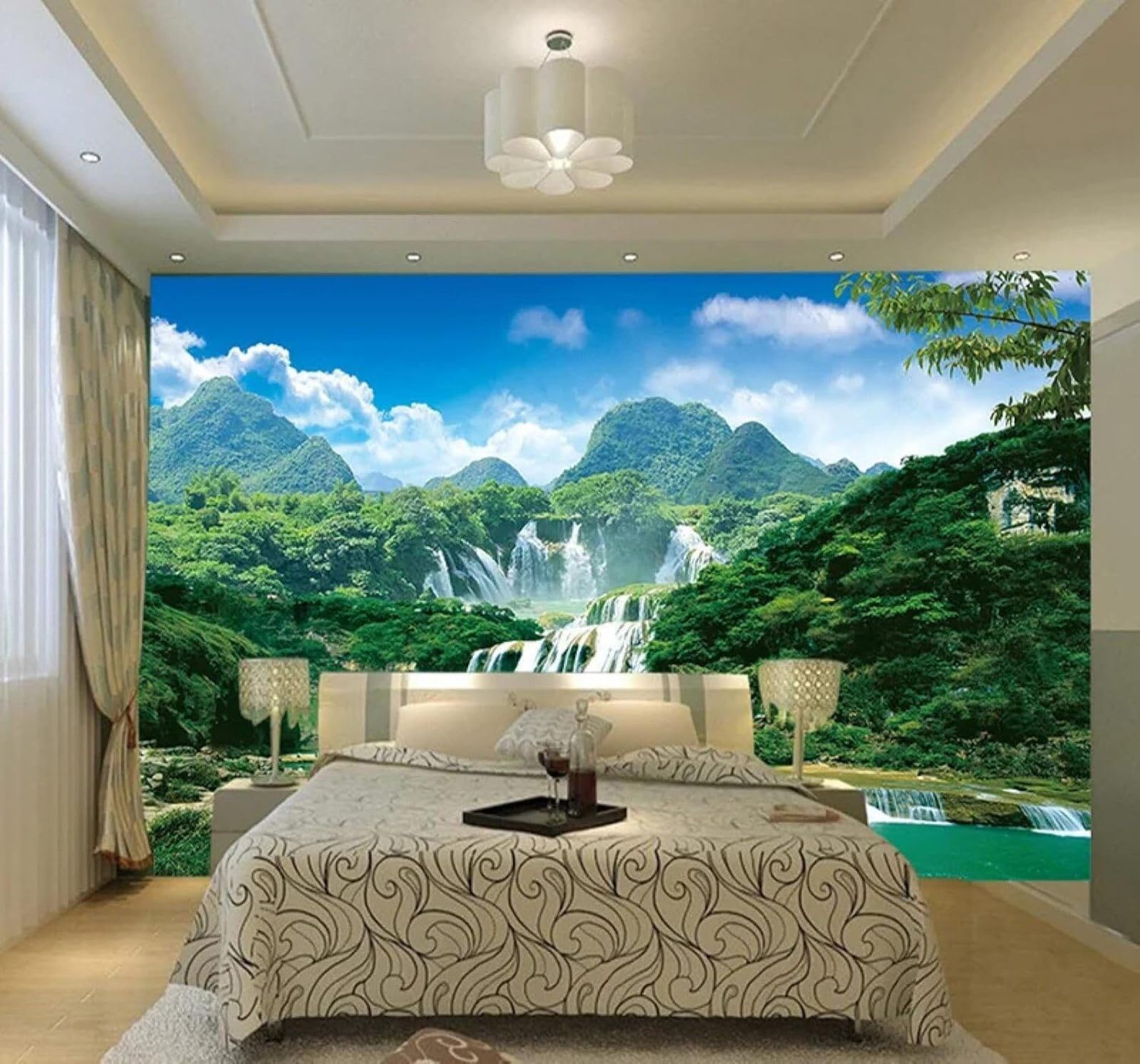 Xlming 350Cm×256Cm(B×H) Fresh Beautiful Green Mountains Waterfalls Natural Scenery 3D Wallpaper Luxury Silk Study Dining Feature Sofa Grey Bedroom Living Room Tv Decorative Wall-350Cm×256Cm