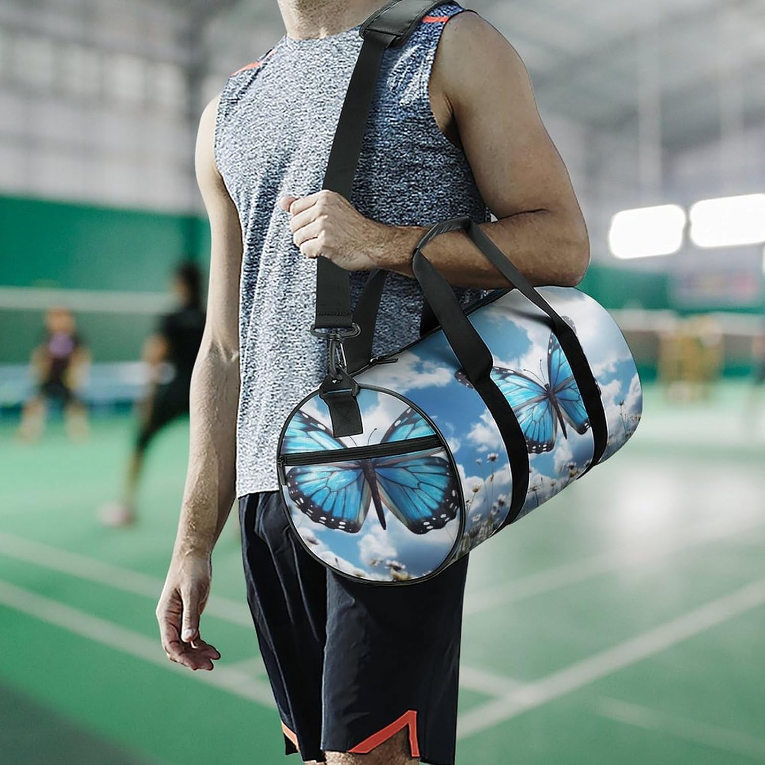Aesthetic Sports Bag for Women Blue Butterfly And Clouds Printed Duffle Travel Bag for Men Women Mini Workout Bags Cylindrical Gym Bag