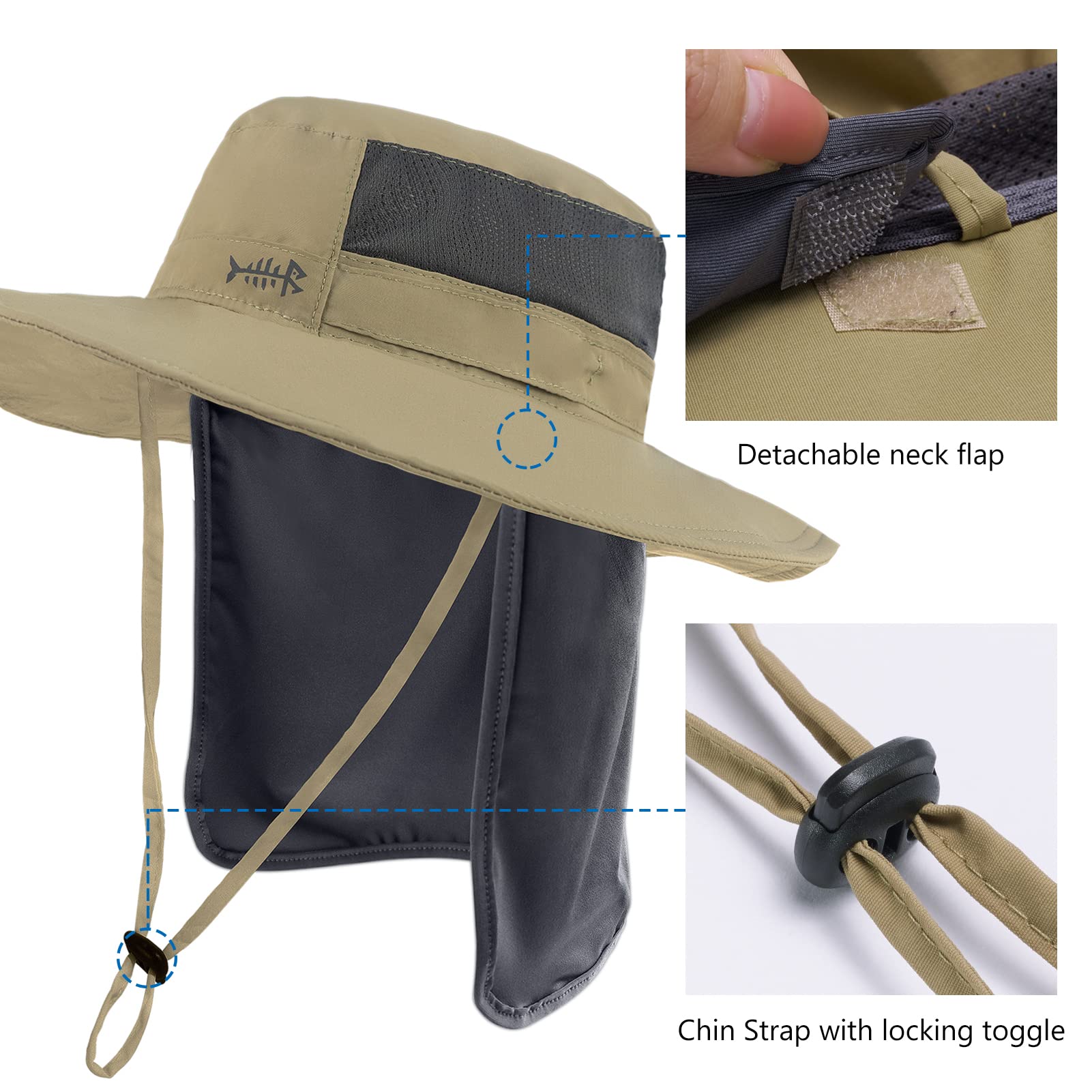 Bassdash UPF 50+ Sombrero de Pesca Solar Resistente al Agua con Solapa de Cuello Desmontable