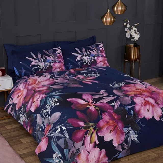 Sleepdown Large Floral Watercolour Navy Blue Pink Soft Easy Care Poly Cotton Duvet Cover Quilt Bedding Set with Pillowcases-King (230cm x 220cm), Polycotton