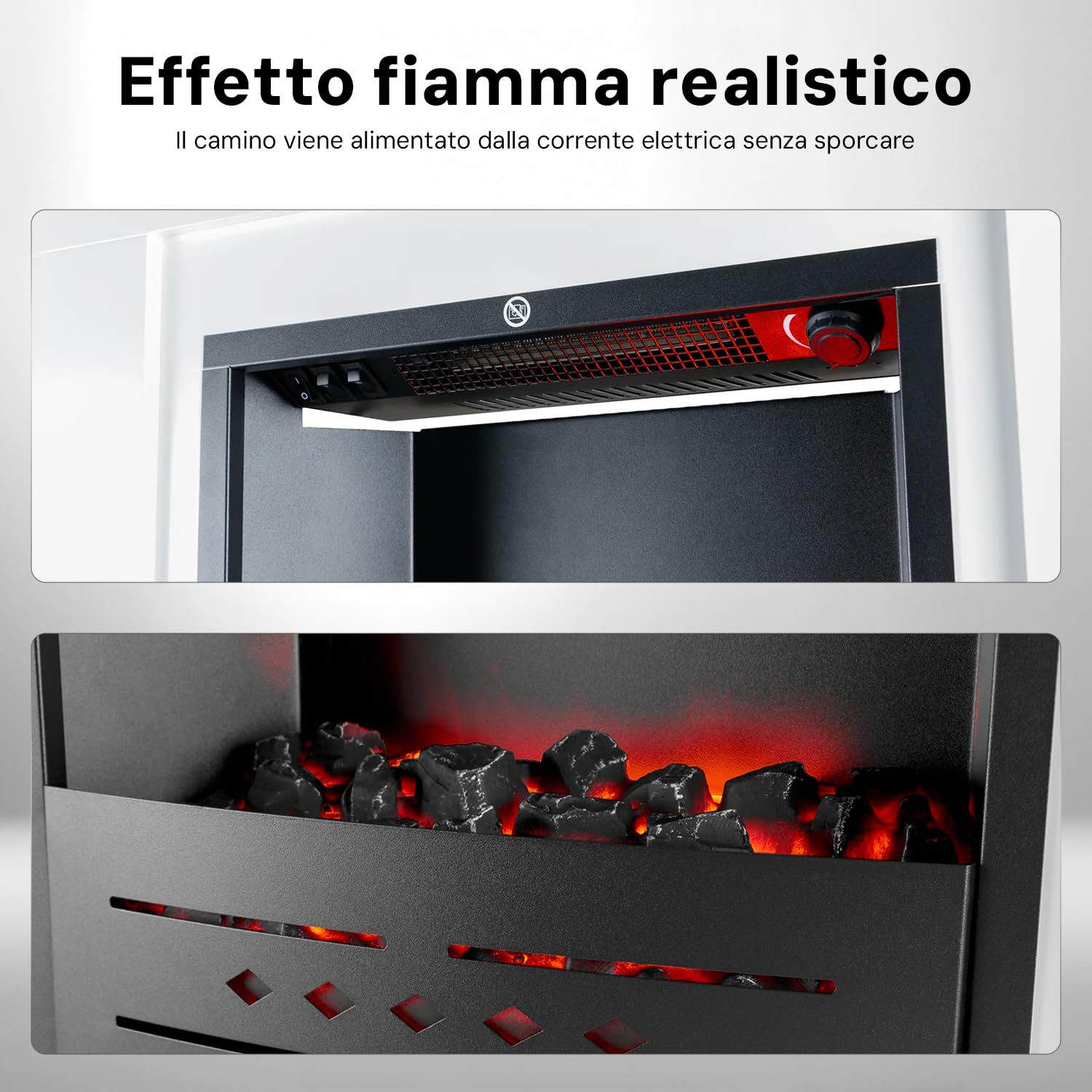 Camino Elettrico Denver 1500W - Caminetto Elettrico con Mobile in Legno Bianco, Effetto Fiamma Regolabile con 2 potenze - Termocamino Decorativo, Caminetto Finto da Terra 77x72,5 cm