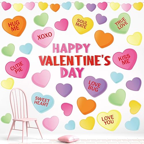 Whaline Calcomanías de pared para el día de San Valentín, calcomanías románticas de conversación romántica de corazón de caramelo para habitación