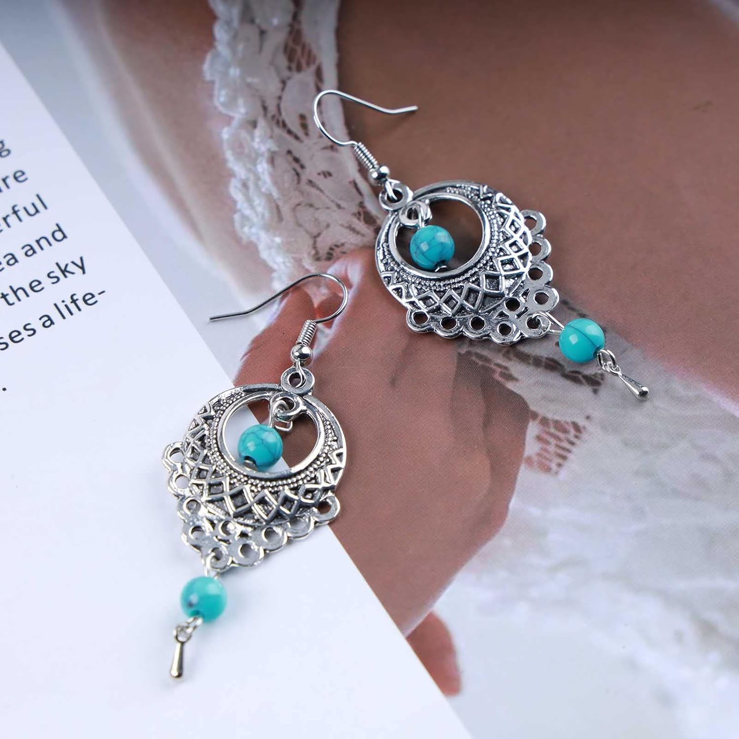 Boho Turquoise Dangle Earrings Vintage Silver Filigree Hollow Earrings Blue Turquoise Drop Earrings Tribal Filigree Earrings Jewelry for Women - Image 6