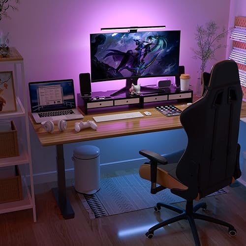 Miniatura 5 de Soporte elevador para monitor con cajón, soporte para laptop blanco y negro, organizador de estante de escritorio de bambú para computadora, TV,