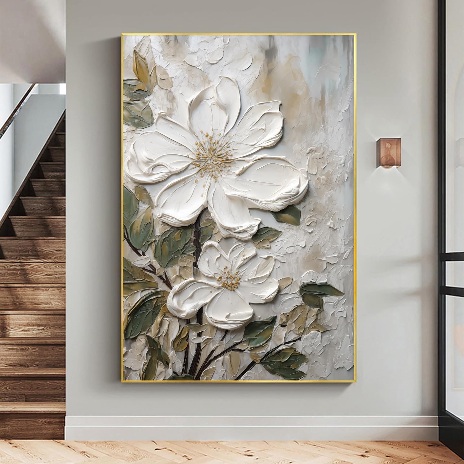 Green and White Floral Wall Art Prints Abstract Flower Poster Beautiful Flower Painting Dark Green Botanical Pictures Wall Decor Elegant Floral Picture White Texture Painting Room 16x24in Unframed