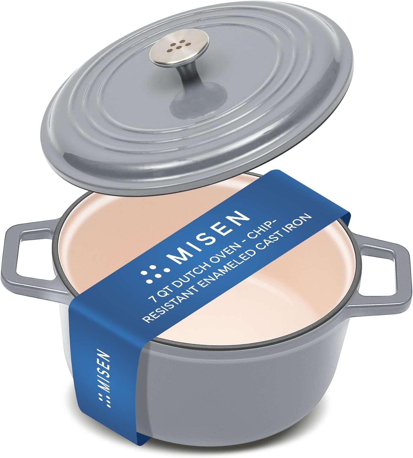 Misen 7 QT Enameled Cast Iron Dutch Oven - Chip-Resistant Enamel Coating - Thick Iron Core For Heat Retention - Large Cooking Surface - Oven Safe, Induction Compatible - Traditional Lid, Gray