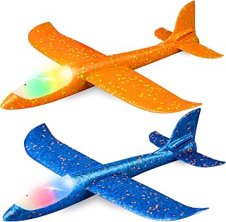 CUKU 2 Pack 17.5" LED Light Throwing Glider Planes - 2 Flight Modes Foam Airplanes for Kids 3-9, Outdoor Toys & Birthday Gifts