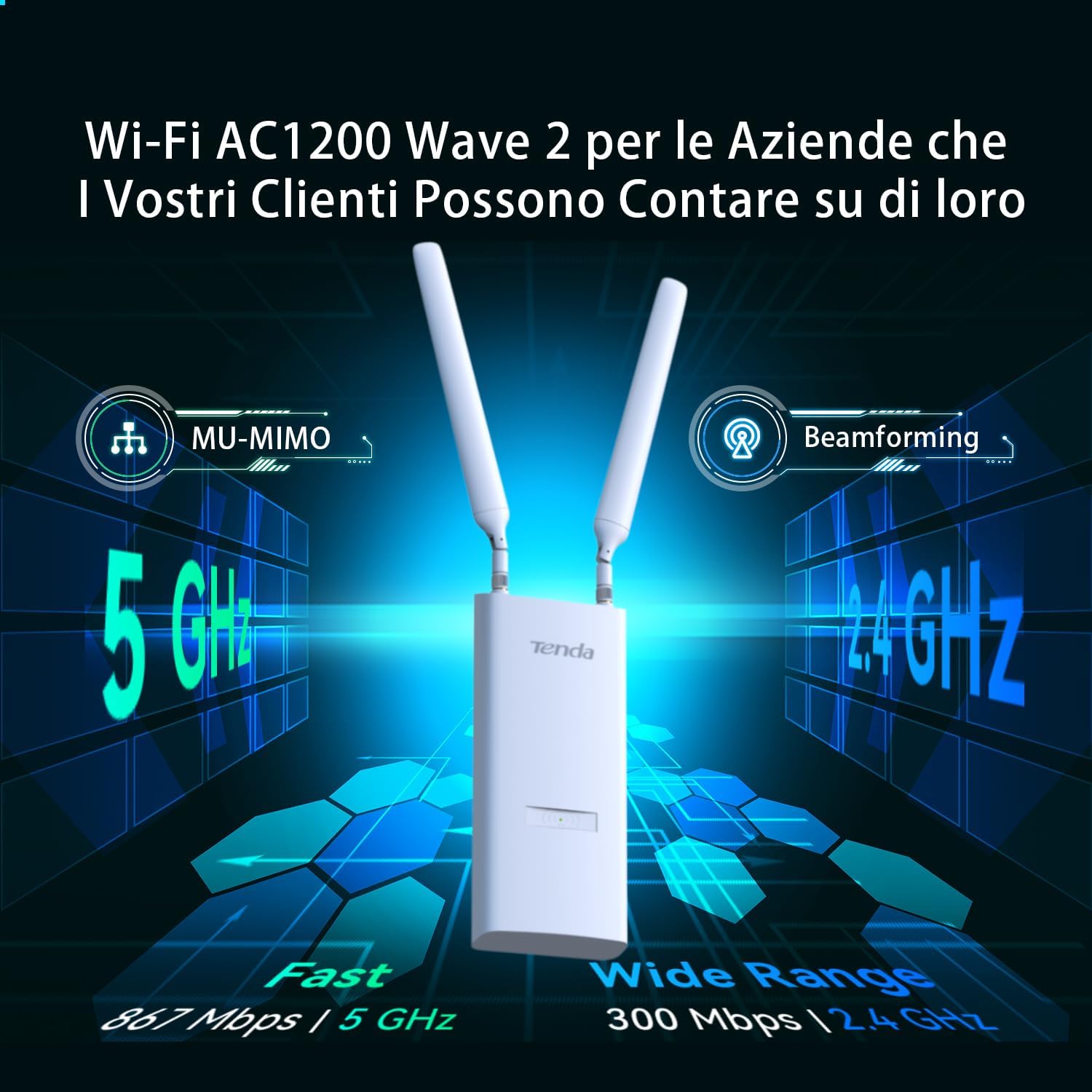 Tenda OAP1200 Access Point Esterno AC1200 Doppia Banda, Indoor/Outdoor Access Point 1200Mbps, IP65, MU-MIMO, OFDMA, Roaming Senza Interruzioni, Fino a 256 Dispositivi, PoE 802.3af & Passive PoE