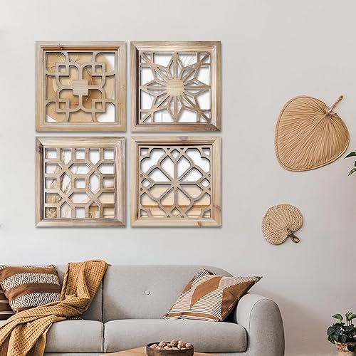 Miniatura 7 de XIAOAIKA Juego de 4 espejos geométricos de entrada rústica envejecida, superficie de espejo acrílico, espejos de pared con marco cuadrado, acento de