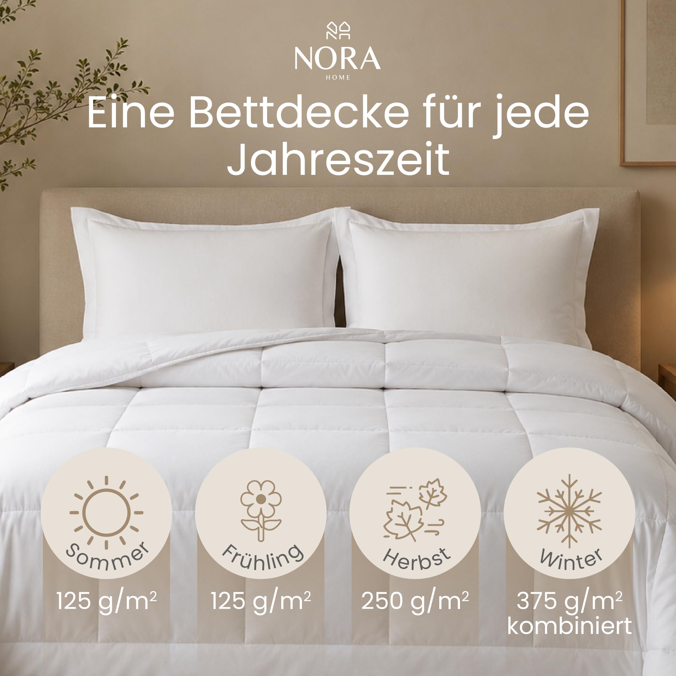 NORA HOME 4 Jahreszeiten Bettdecke 220x240, Ganzjahresdecke, 2-in-1 Set | Sommerdecke 125 g/m² + Übergangsdecke 250 g/m² = Winterdecke 375 g/m², 10 Druckknöpfe, waschbar, OEKO-TEX