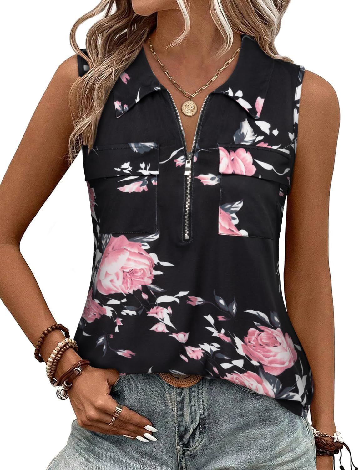 Bulotus Womens Tank Tops Summer Collared Quarter Zip Blouses Sleeveless V Neck Shirts Business Casual Tunic for Leggings