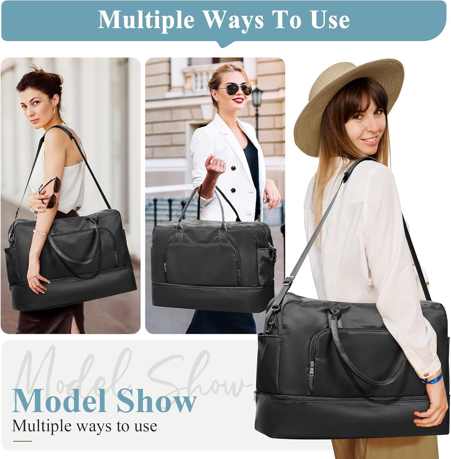 Weekender Bags for Women, Travel Duffel Overnight Carry On Weekend Bag with Shoes Compartment,Black - Image 9