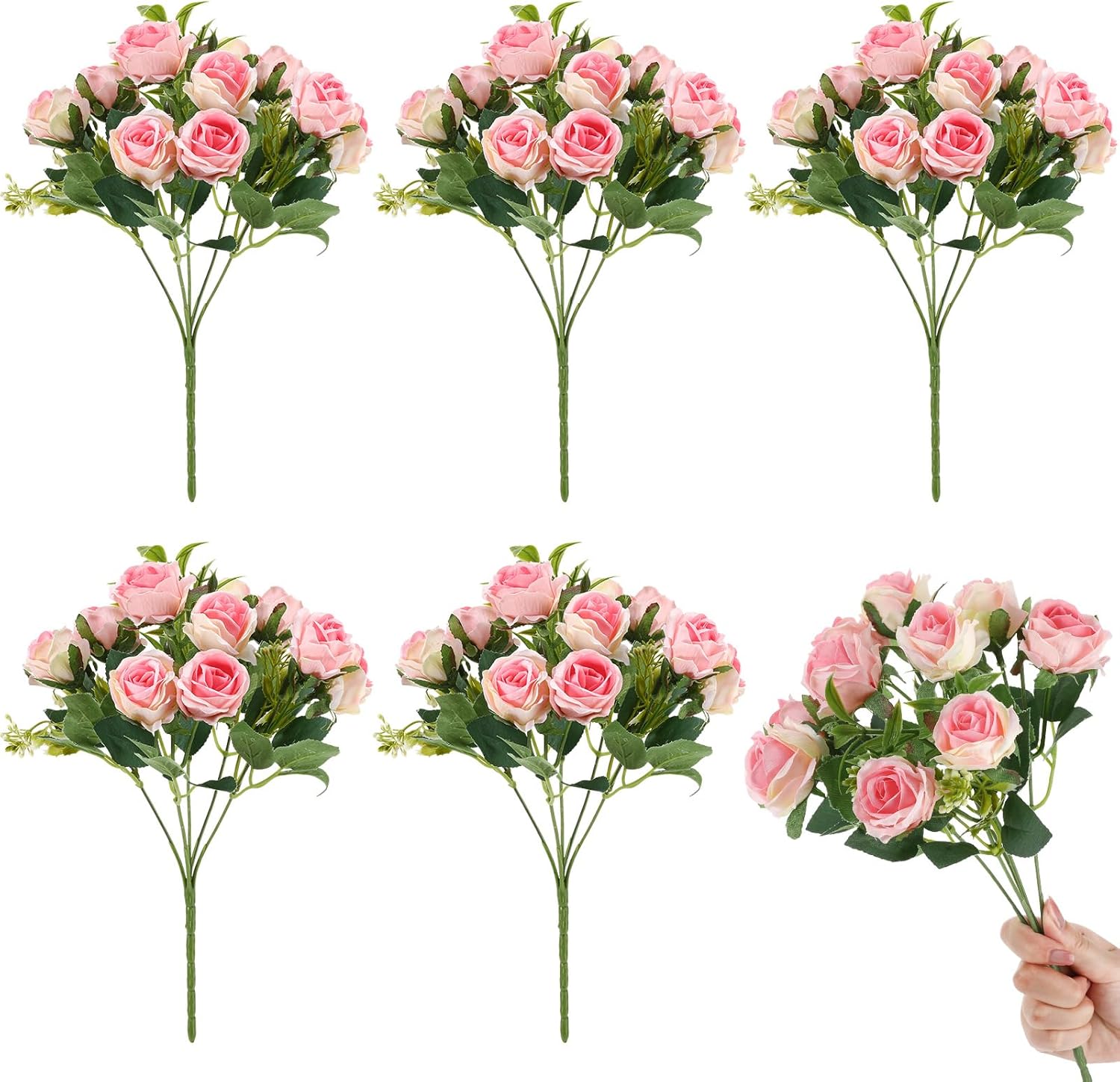 6 Stems 10 Heads Pink Artificial Silk Roses Bouquets with Leaf Faux Flowers for Wedding, Grave Decor, Home Indoor, Outdoor Wedding Office Use - Image 9