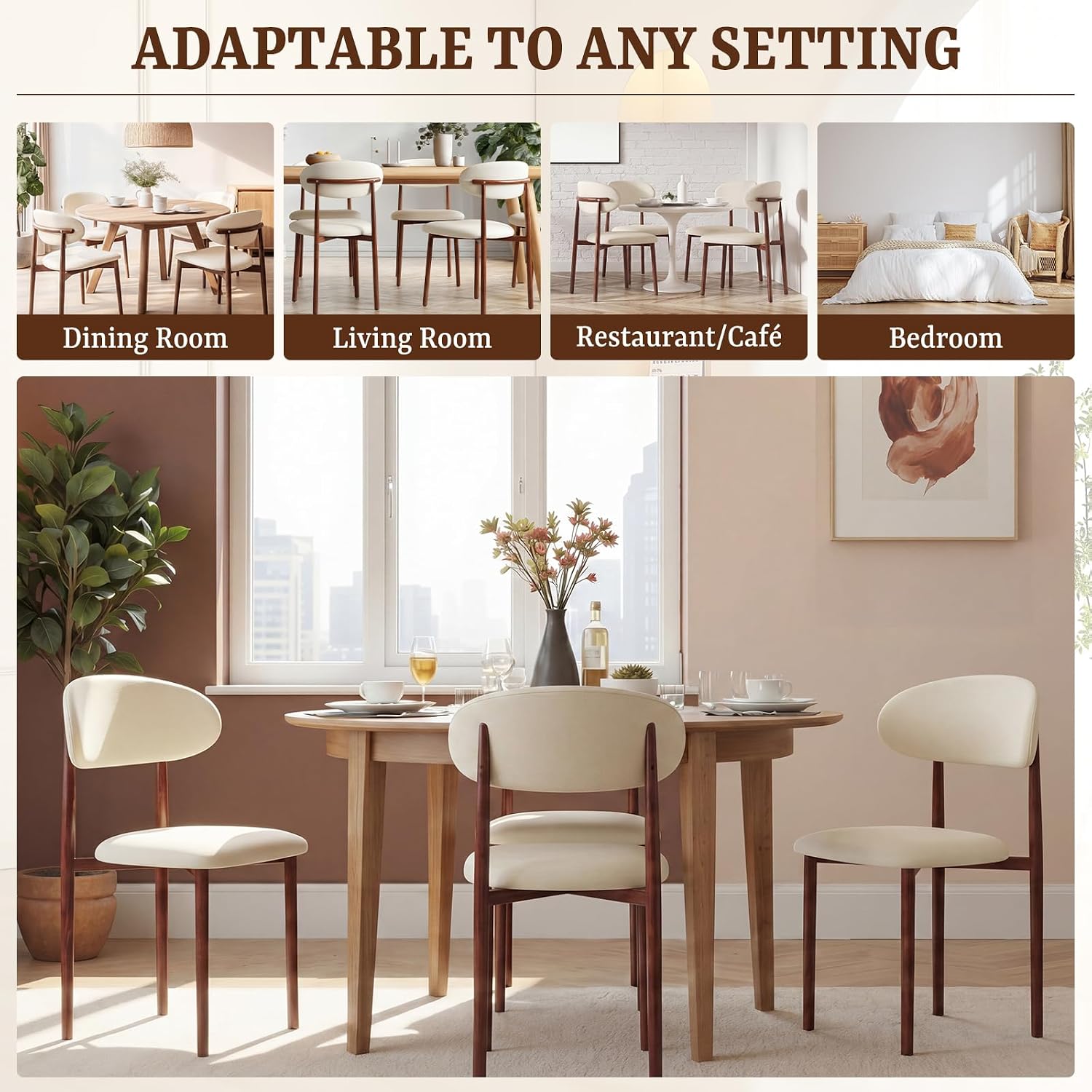 Mifoci 4 Set Leather Dining Chairs, Modern Upholstered Kitchen Chairs with Cushion and Metal Leg, Farmhouse Mid Century Open Back and Padded Seat Chair for Home Living Room (Walnut Color Leg)
