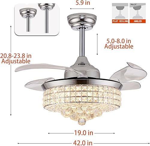 Miniatura 4 de Ventilador de techo de cristal de 42 pulgadas con luces, candelabro, retráctil invisible moderno, ventilador de techo con control remoto para