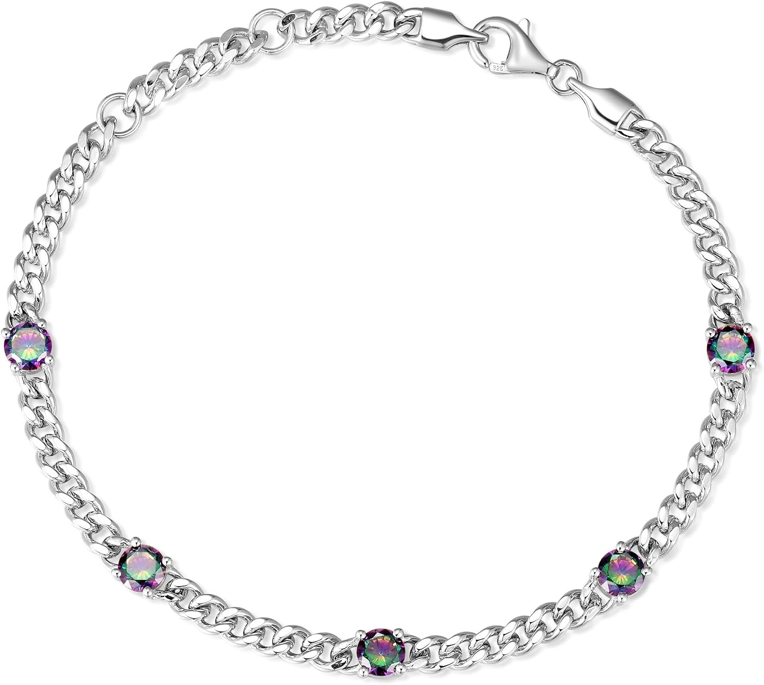 FANCIME 925 Sterling Silver 3.6mm Cuban Link Curb Chain Bracelet With Created Gemstone for Women Men Unisex