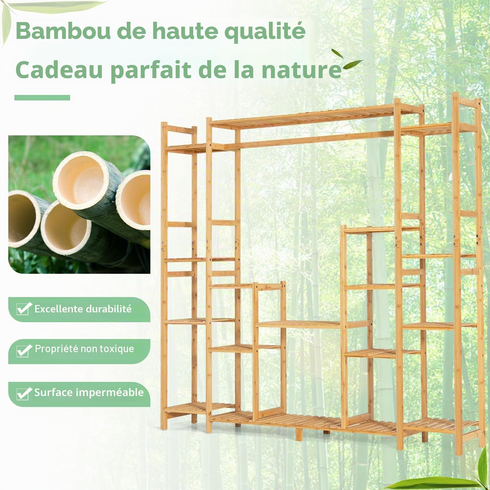 HOMASIS Étagère à fleurs, avec 18 étagères et barre de suspension, en bambou, pour salon, balcon, jardin, terrasse, 167 x 30 x 166 cm, naturel