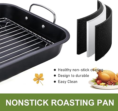 Miniatura 4 de Sartén antiadherente con estante, sartén para asar pavo de 14 pulgadas con estante, olla asadora resistente para pavo, pollo, verduras, lasaña
