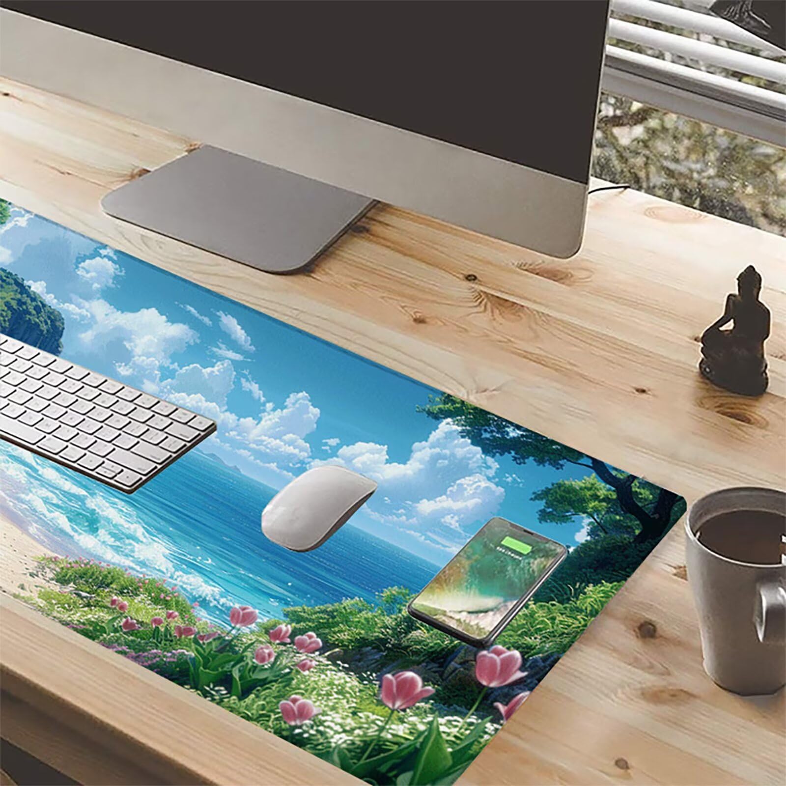 Playa Alfombrilla Ratón Gaming XXL 1500 x 800 mm, Alfombrilla Gaming Azul Mousepad con Base de Goma Antideslizante, Impermeable Desk Mat para Teclado y Raton, Accesorios Gaming, Regalos de Hombre 2-1