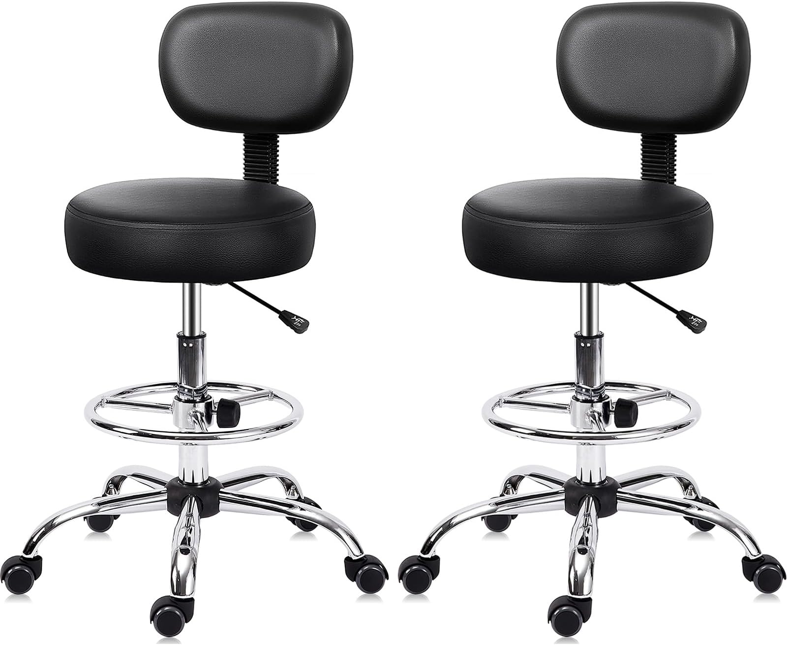 Drafting Swivel Chair with Back Support and Adjustable Footrest Rolling Stool, Multi-Purpose Office Desk Chair for Bar Kitchen Shop, Black